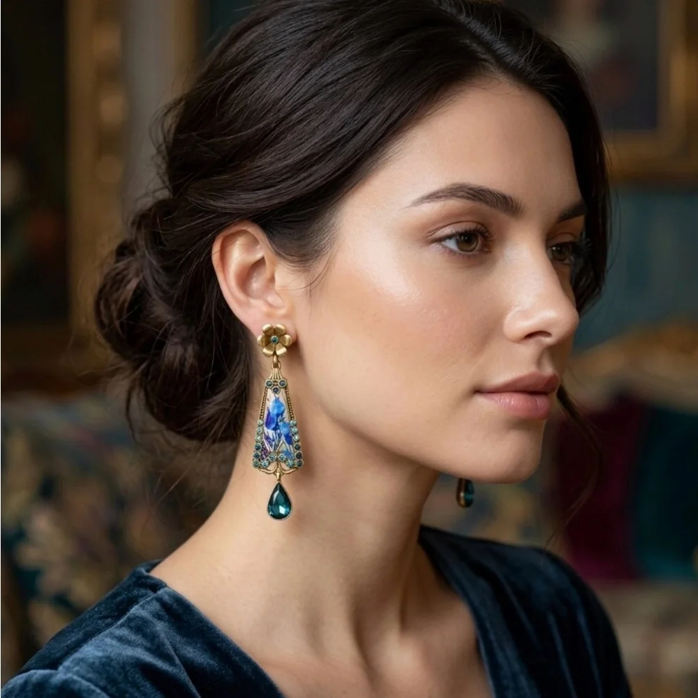 Blue Iris Floral Crystal Earrings Vintage Style Ornate Jewelry Baroque Gift NEW